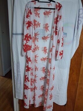 Sheer White Kimono with Coral Floral Print